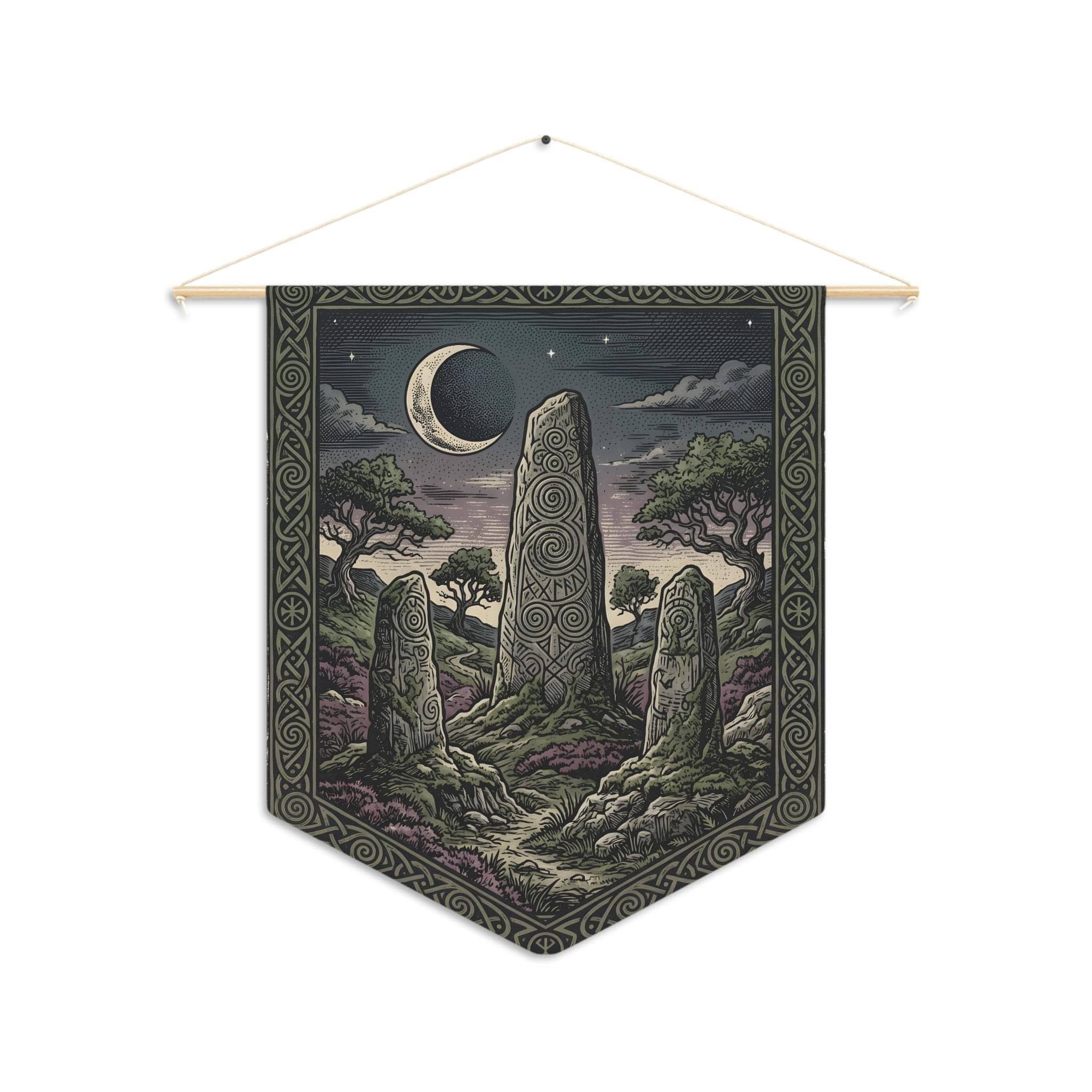 Vintage woodcut-style felt wall banner featuring an ancient runic monolith henge under a crescent moon, front view