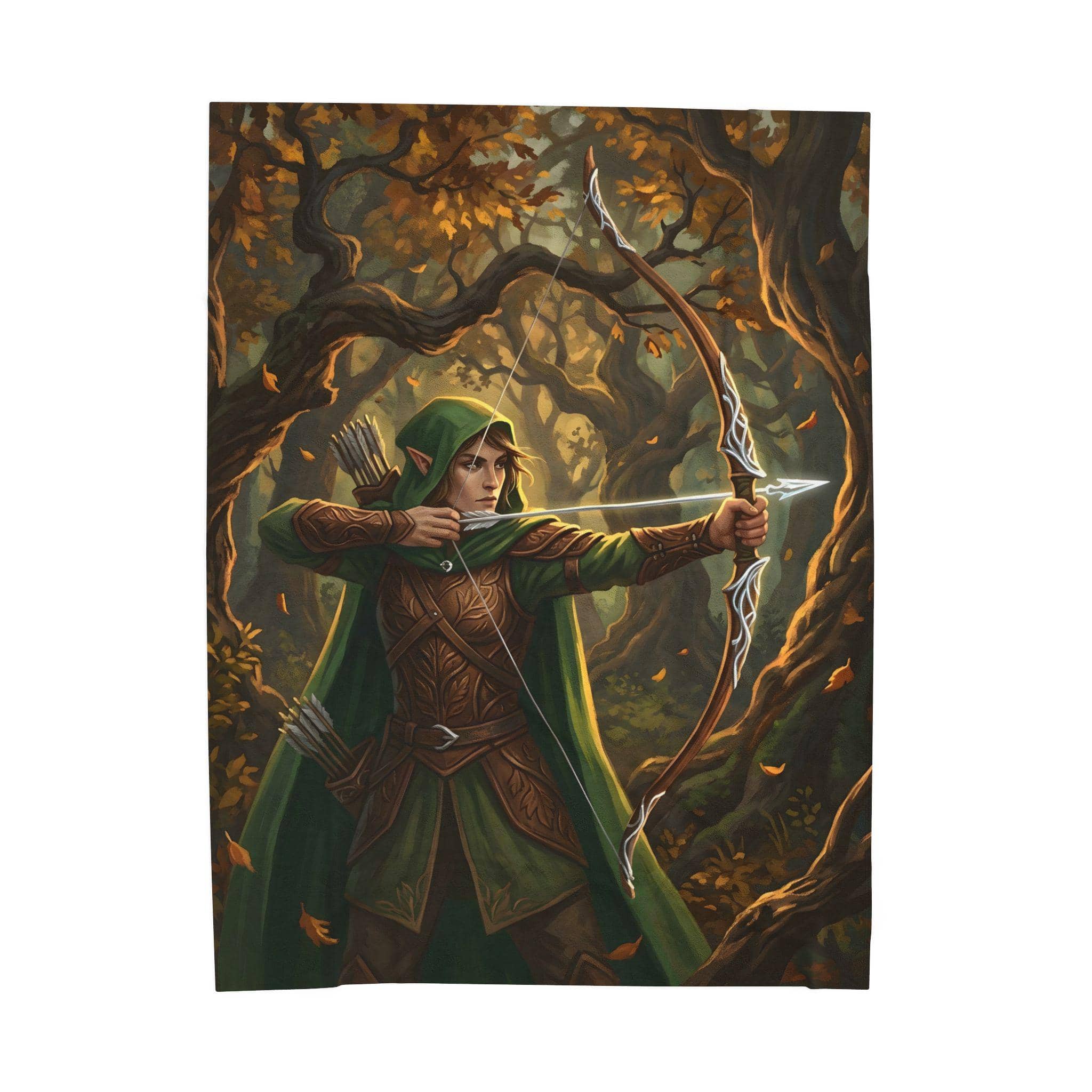 Cozy up during late-night gaming sessions with a plush sherpa-lined fleece throw blanket featuring a wood elf ranger nocking an arrow in an ancient autumnal woodland, front view
