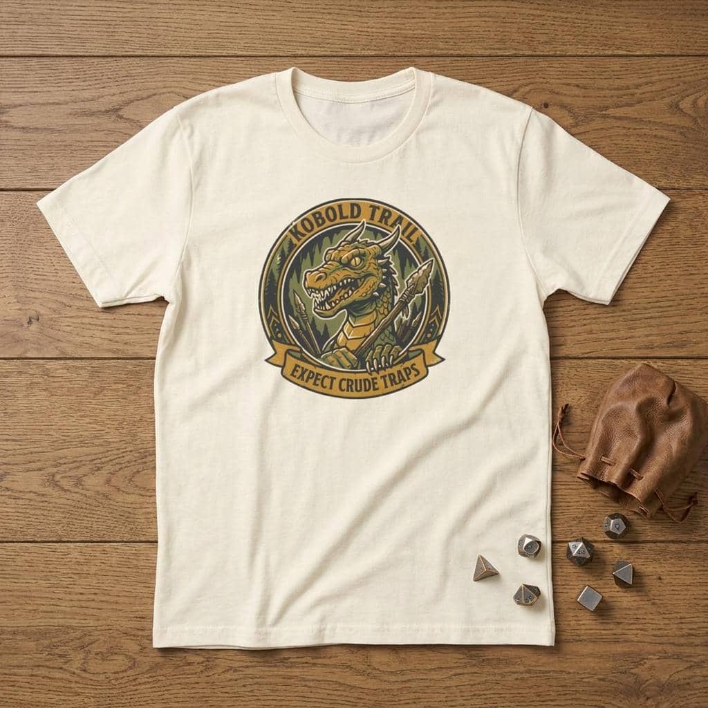 Deadpan national park style graphic tee warning tabletop adventurers to watch their step for crude traps along the kobold trail, shown laid flat among dice