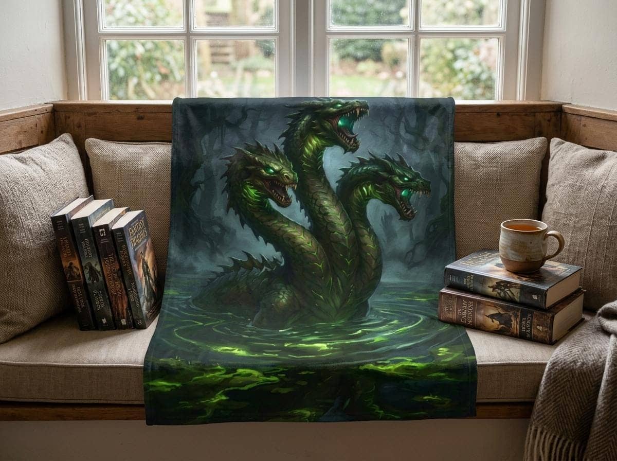 A plush statement throw showcasing an atmospheric swamp hydra, shown in a reading nook