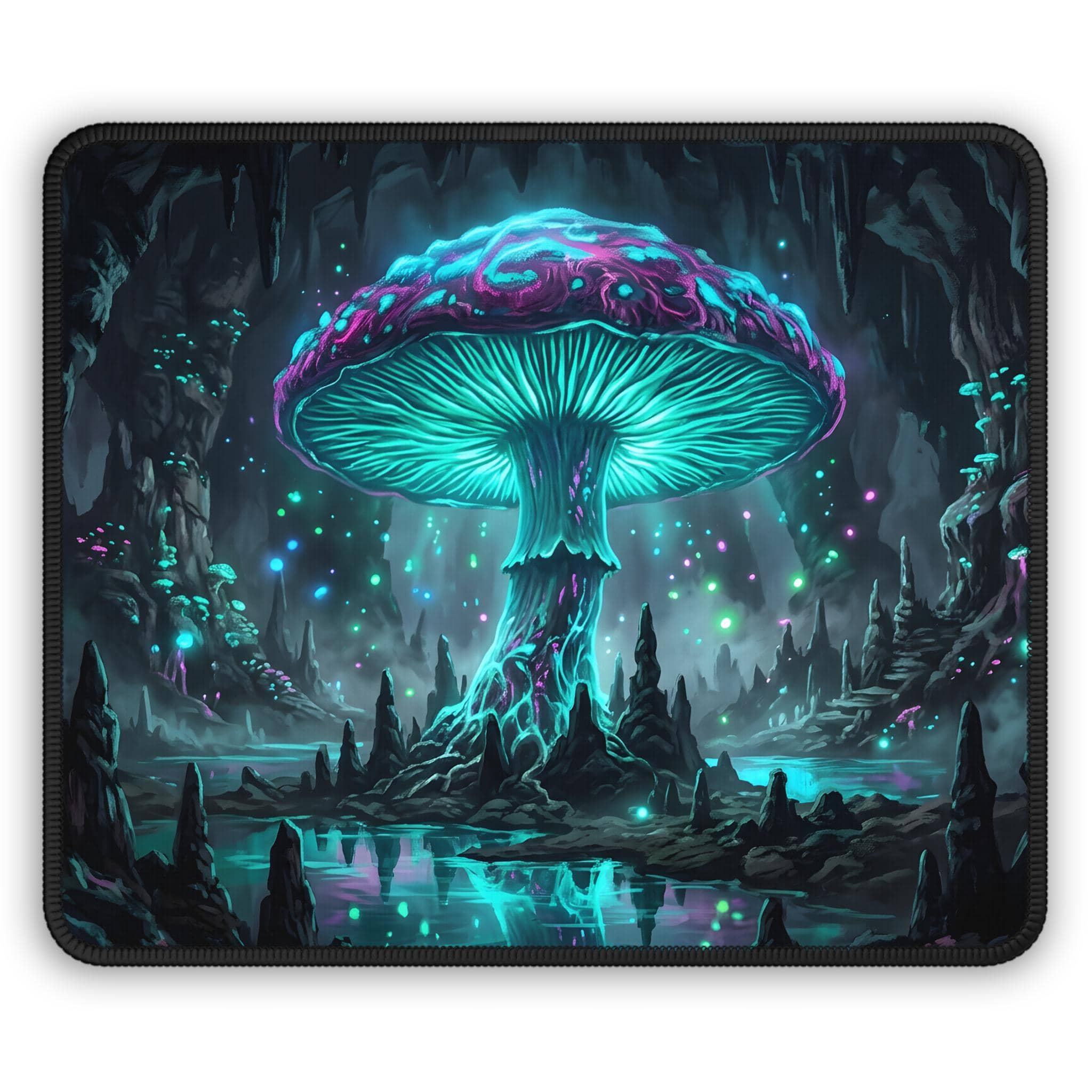 An extra-large gaming desk mat featuring an immersive Underdark glowing mushroom cavern, transforming PC battlestations and tabletop sessions with dark fantasy ambient atmosphere, front view