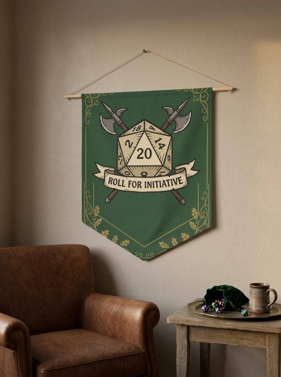 An authentic tavern-inspired heraldic battle cry banner designed to mark game room territory, solving the search for high-impact Dungeon Master appreciation and game night housewarming gifts, shown in a cosy den corner