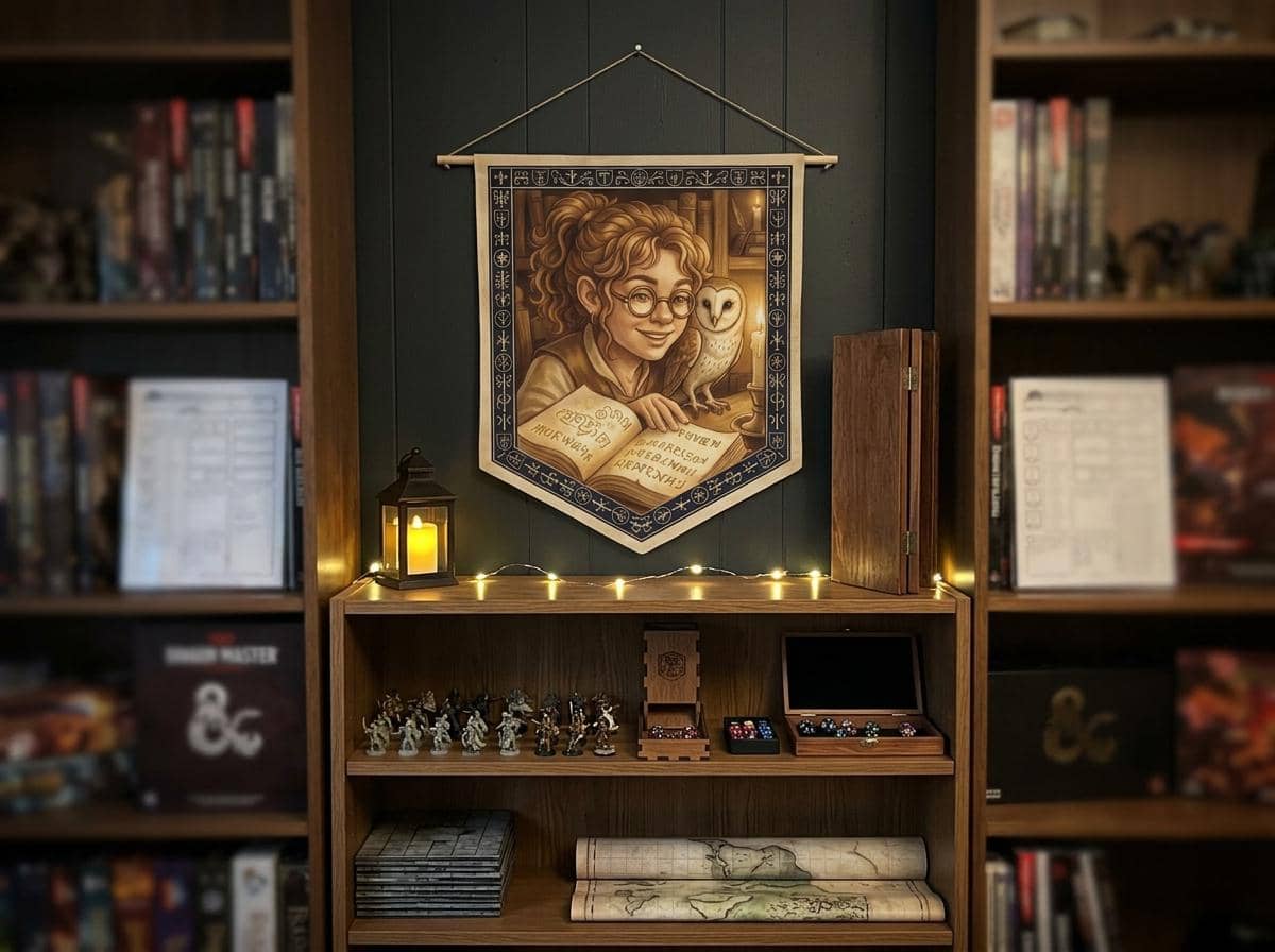 A cozy canvas pennant celebrating the bond between a halfling wizard and her feathered familiar, shown on the wall above a bookshelf