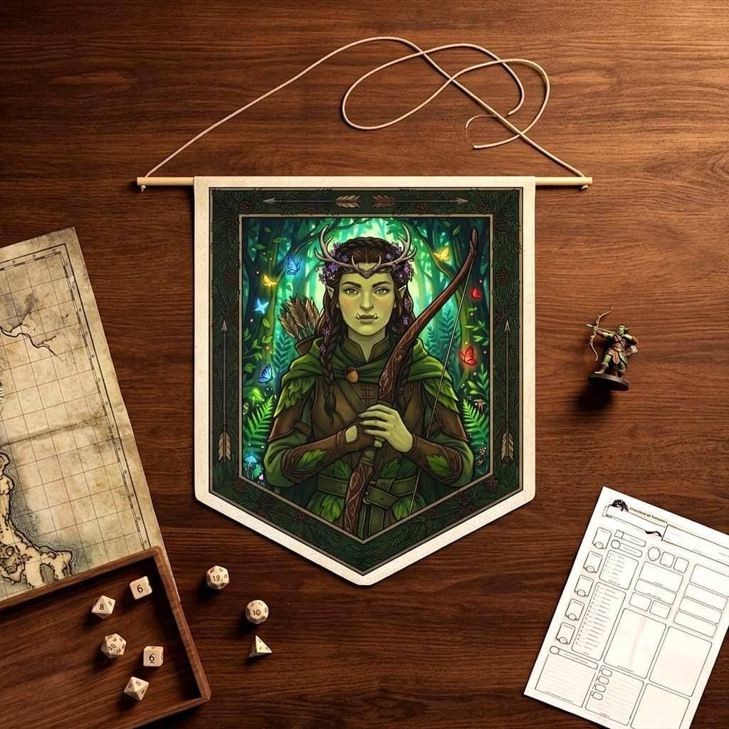Subverts brutal half-orc tropes with enchanting Feywild cottagecore charm, printed on a pennant, shown on the game table among dice and character sheets