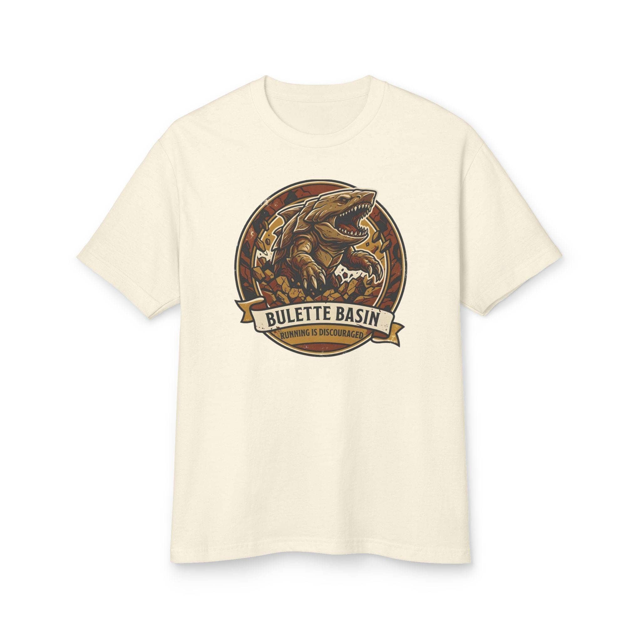 Vintage national park souvenir graphic tee featuring tabletop gaming's armored landshark burrower, paired with deadpan trail advice warning adventurers that running only draws its tremorsense, front view