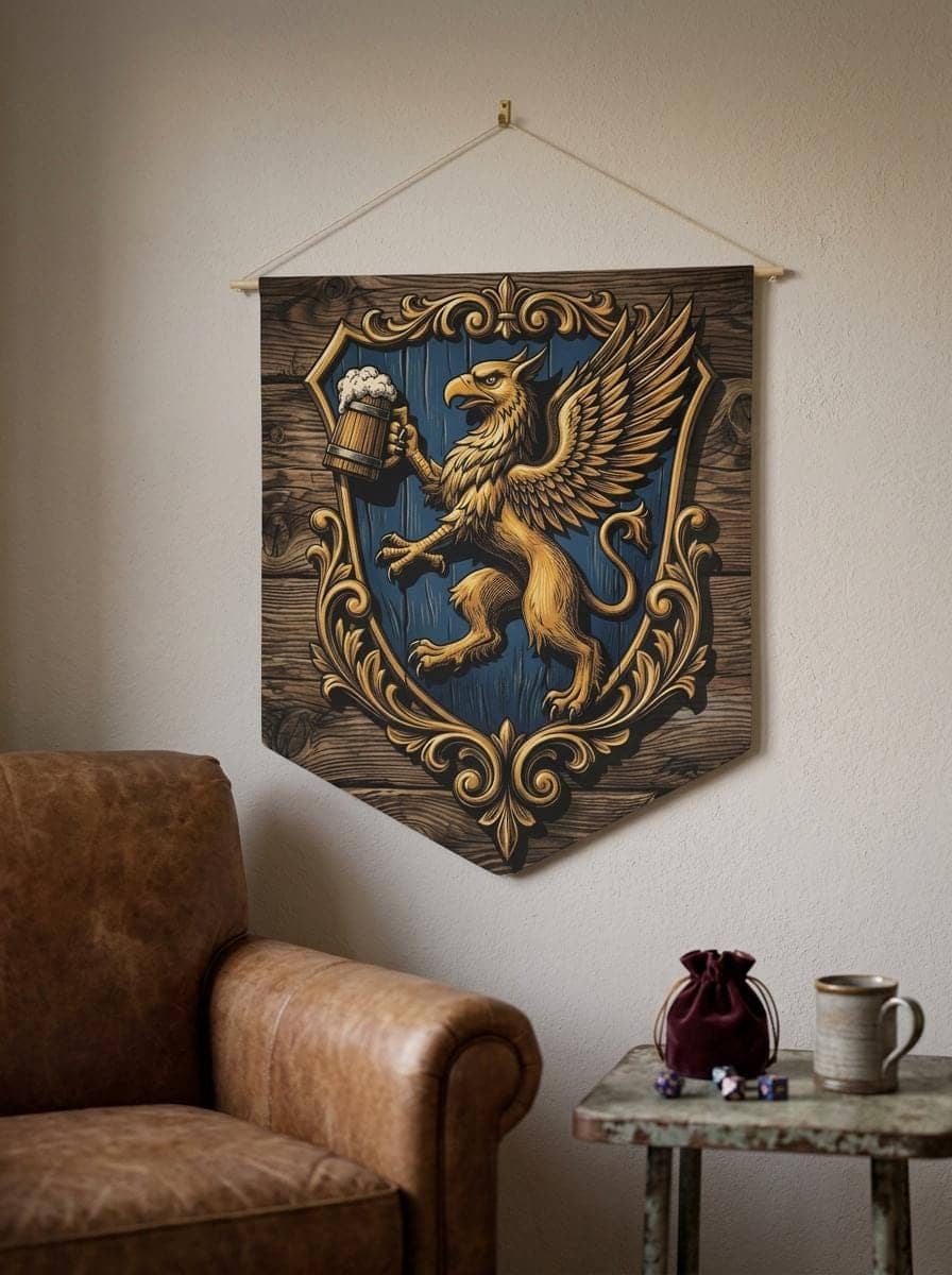 A vintage woodblock tavern emblem that turns a gaming room or basement into a fantasy alehouse, printed on a pennant, shown in a cosy den corner