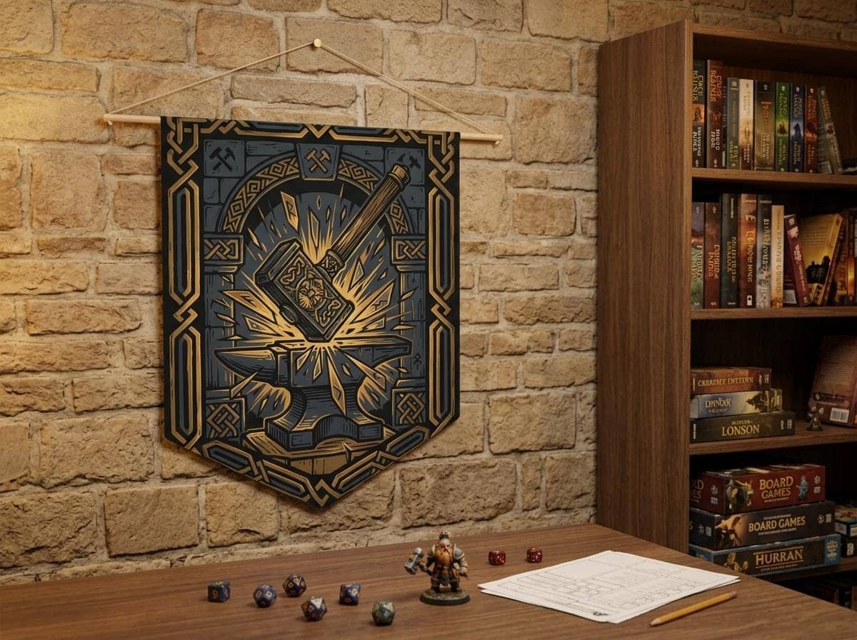 Heraldic felt wall hanging featuring an ancient dwarven clan forge emblem, printed on a pennant, shown on a game room wall