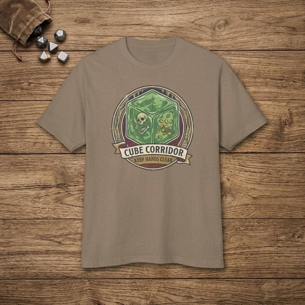 Vintage national park warning graphic tee featuring tabletop gaming's iconic translucent dungeon ooze alongside a deadpan caution sign for adventurers who touch strange corridor walls, shown laid flat among dice