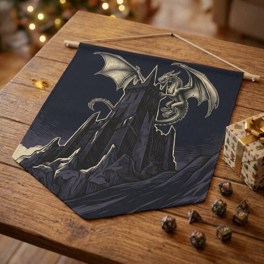 Triangular gothic wall banner featuring a towering obsidian fortress framed by celestial heraldry, shown as a gift