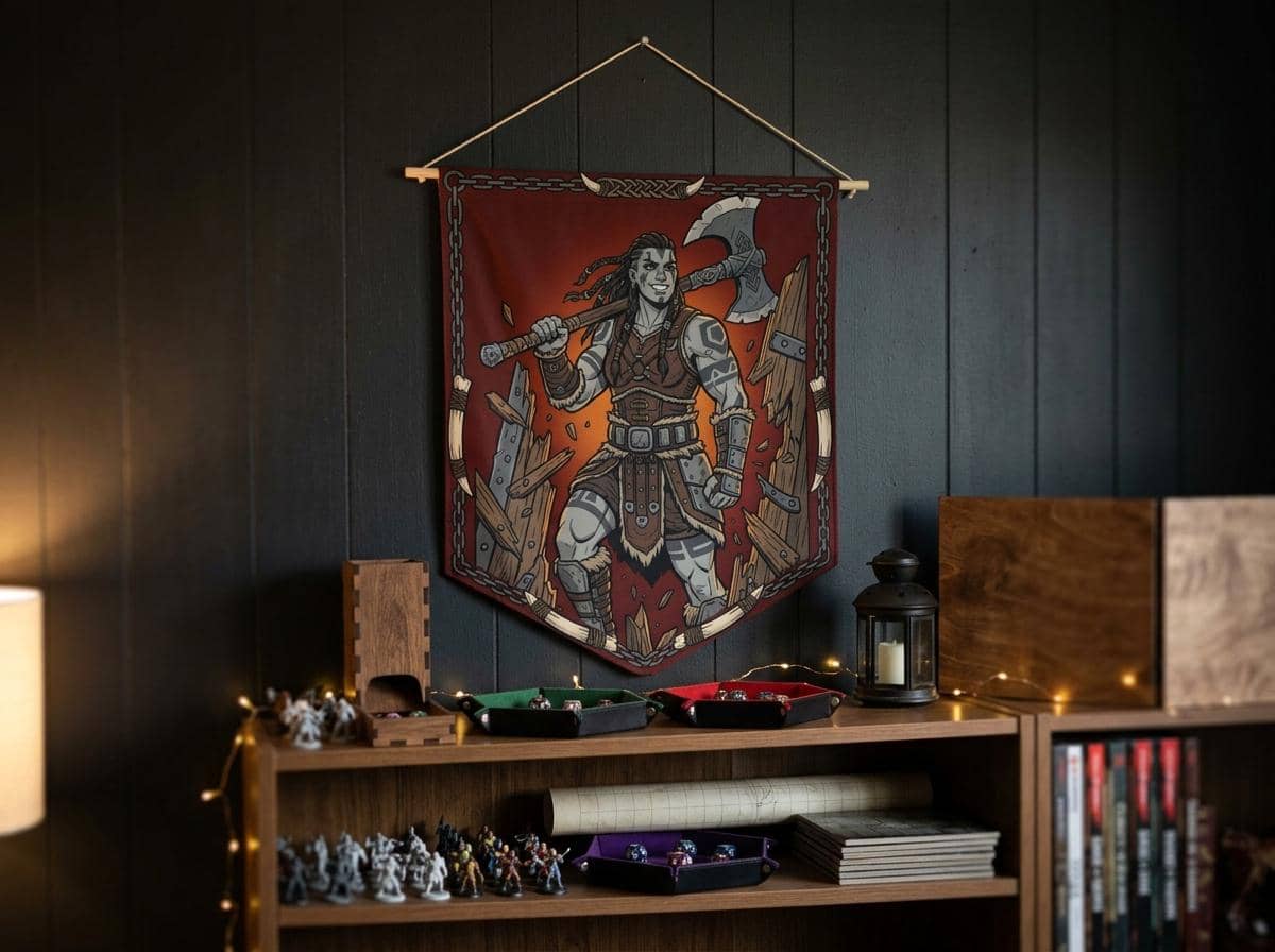 Bold, humorous game room wall pennant celebrating the iconic brute-force moment when the barbarian kicks the dungeon door off its hinges instead of picking the lock, shown on the wall above a bookshelf