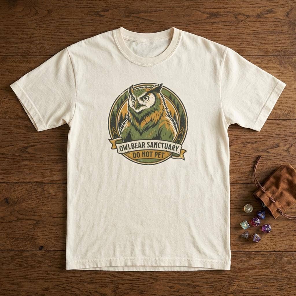 Vintage national park souvenir graphic tee featuring tabletop gaming's favorite deadly predator alongside a cheeky 'Do Not Pet' warning for players who insist on taming wilderness monsters, shown laid flat among dice