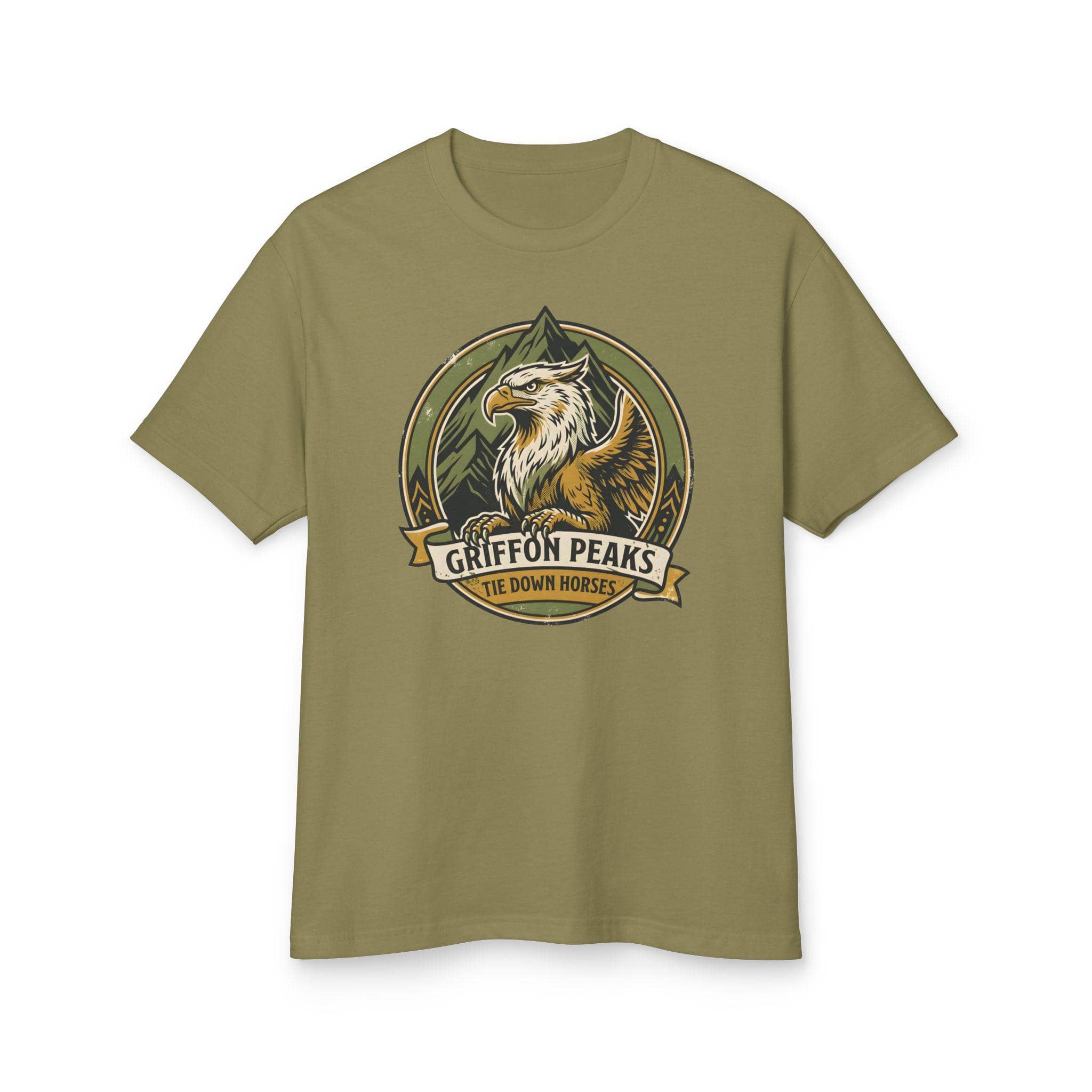 Vintage national park parody tee featuring a noble mountain griffon alongside a deadpan ranger warning for traveling adventurers to keep their prized mounts secured, front view