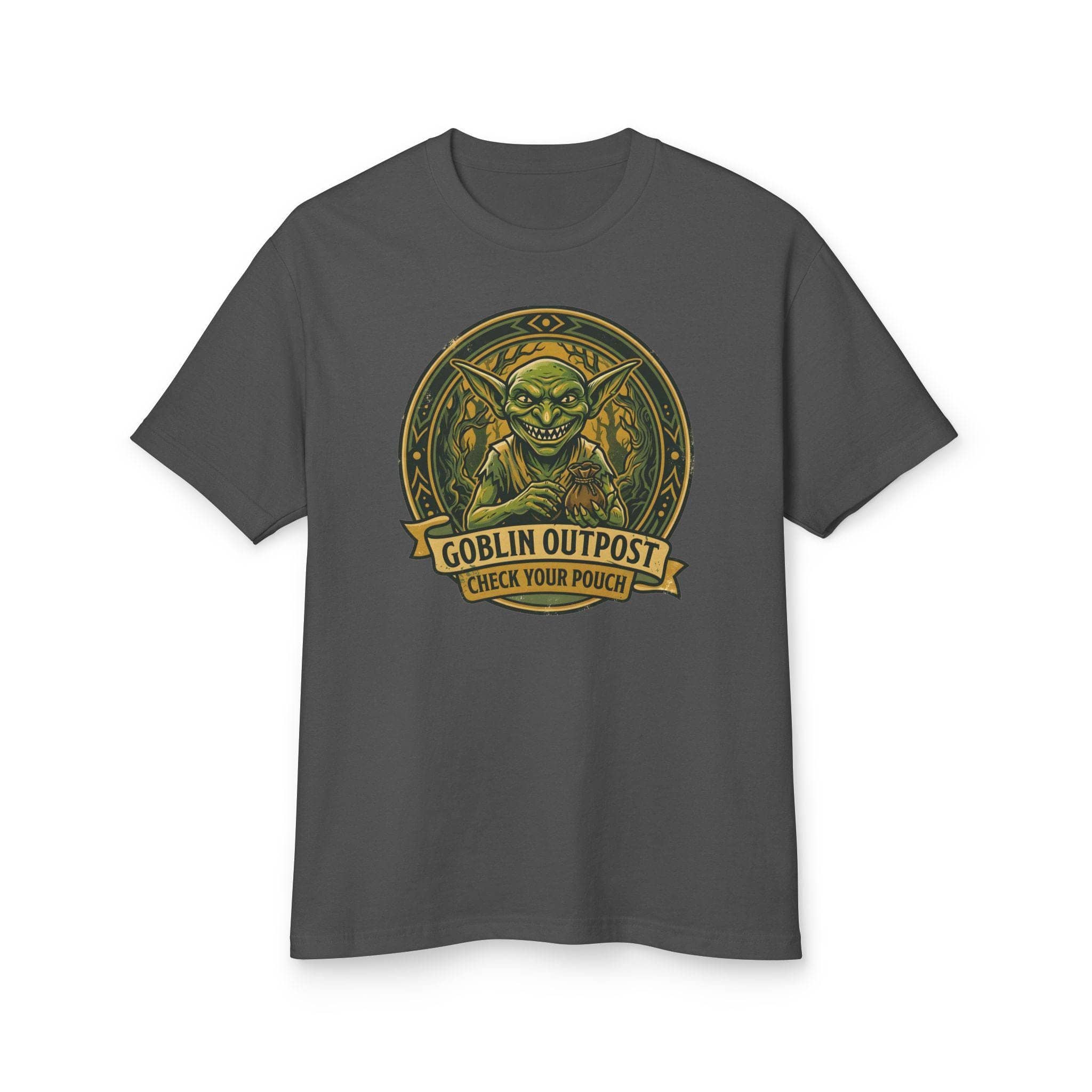 Deadpan national park style graphic tee warning tabletop adventurers to guard their coin pouches from grinning goblin scavengers, front view