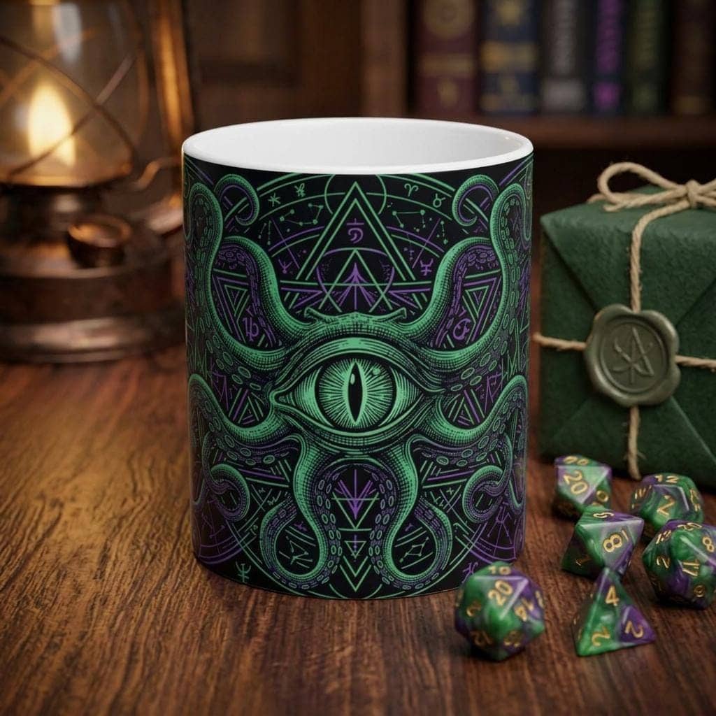 An atmospheric ceramic gaming mug emblazoned with an eldritch Great Old One patron crest, targeted at warlock players and dungeon masters fueling late-night campaign sessions, shown as a gift