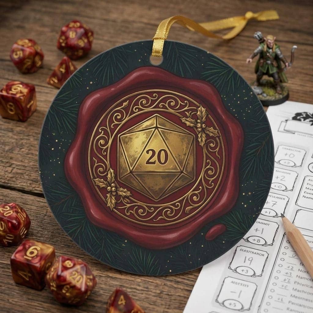 A round ceramic holiday ornament rendered as an ornate adventurers' guild wax seal with a gilded D20, shown on the game table among dice and character sheets