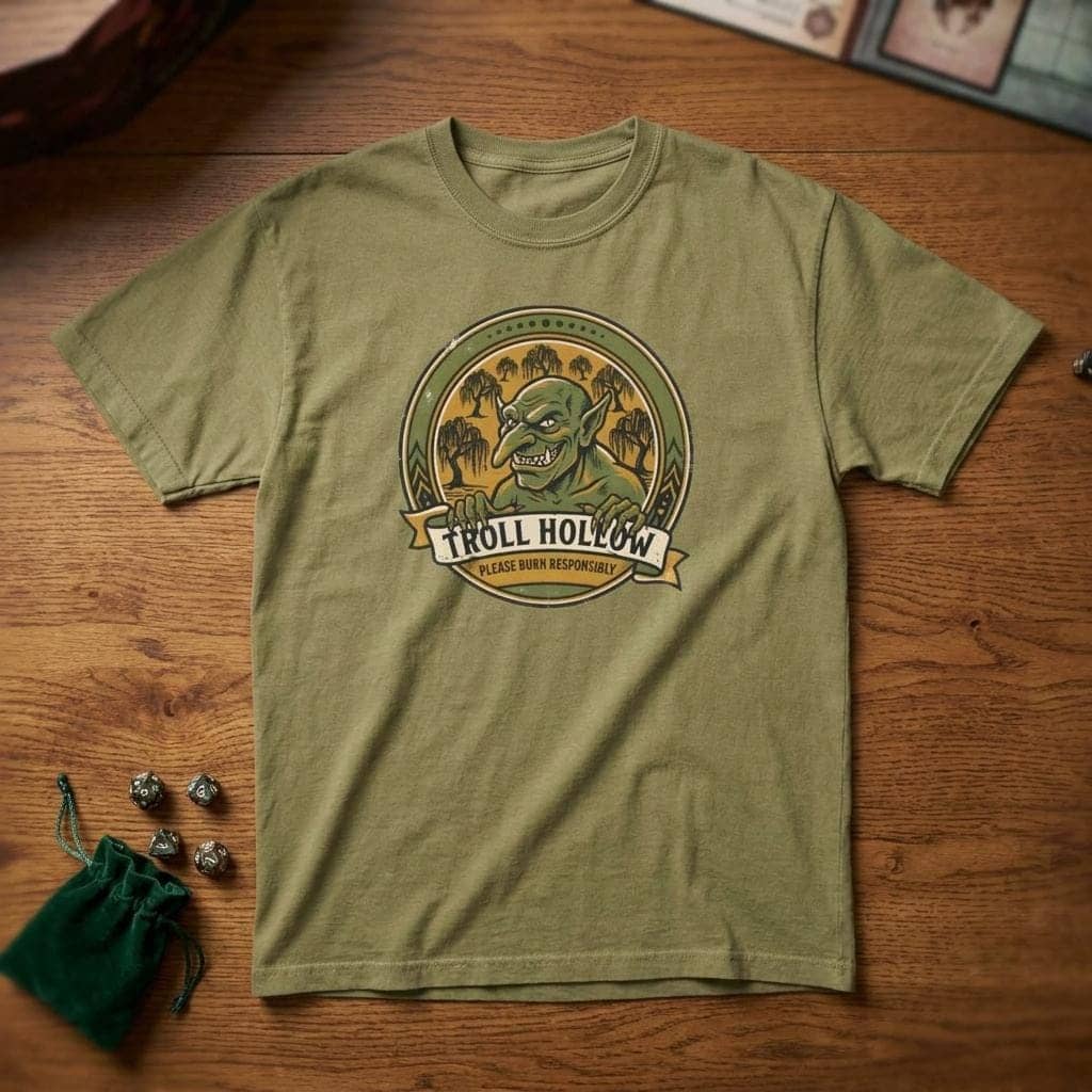 Vintage national park parody tee featuring a gangly swamp troll alongside a deadpan 'Please Burn Responsibly' fire warning for tabletop adventurers exploring monster-infested wetlands, shown laid flat among dice