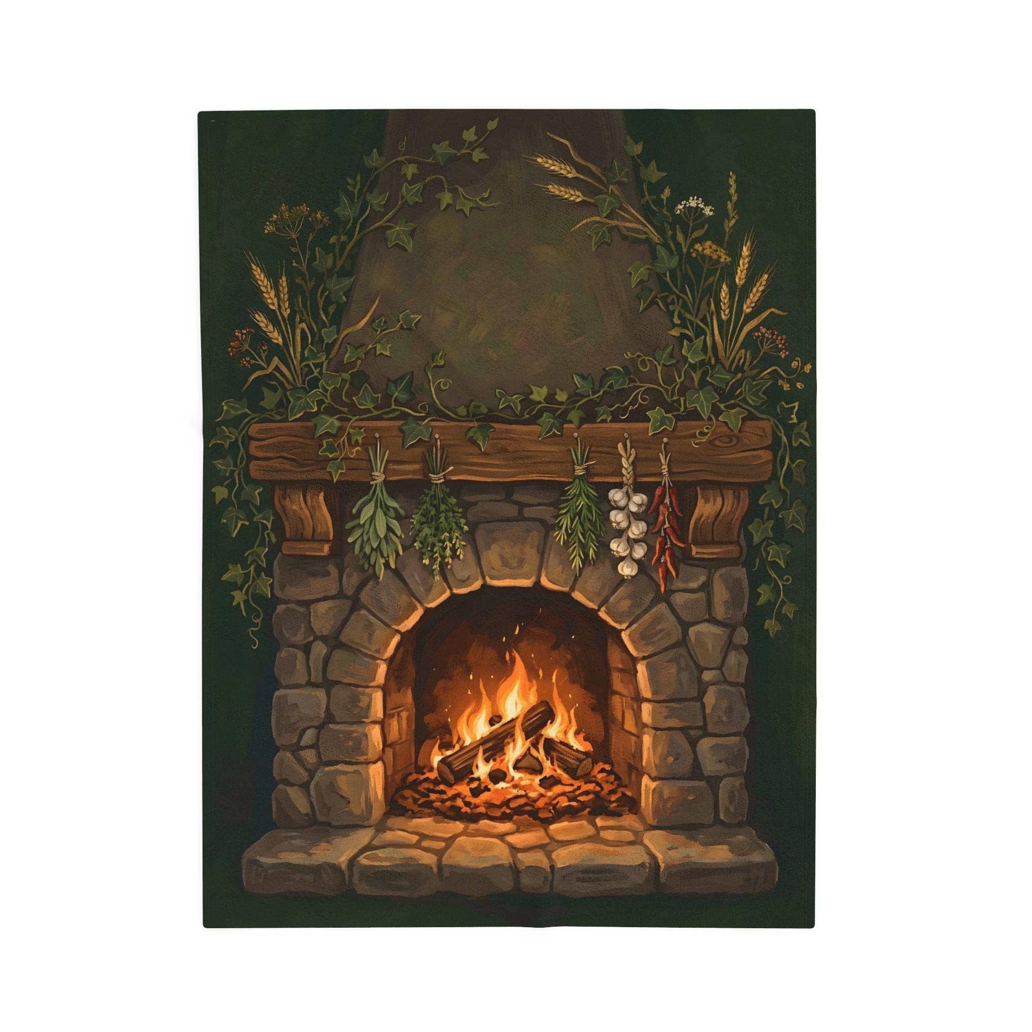 An ultra-soft fleece throw blanket illustrated as a warm halfling tavern hearth, front view