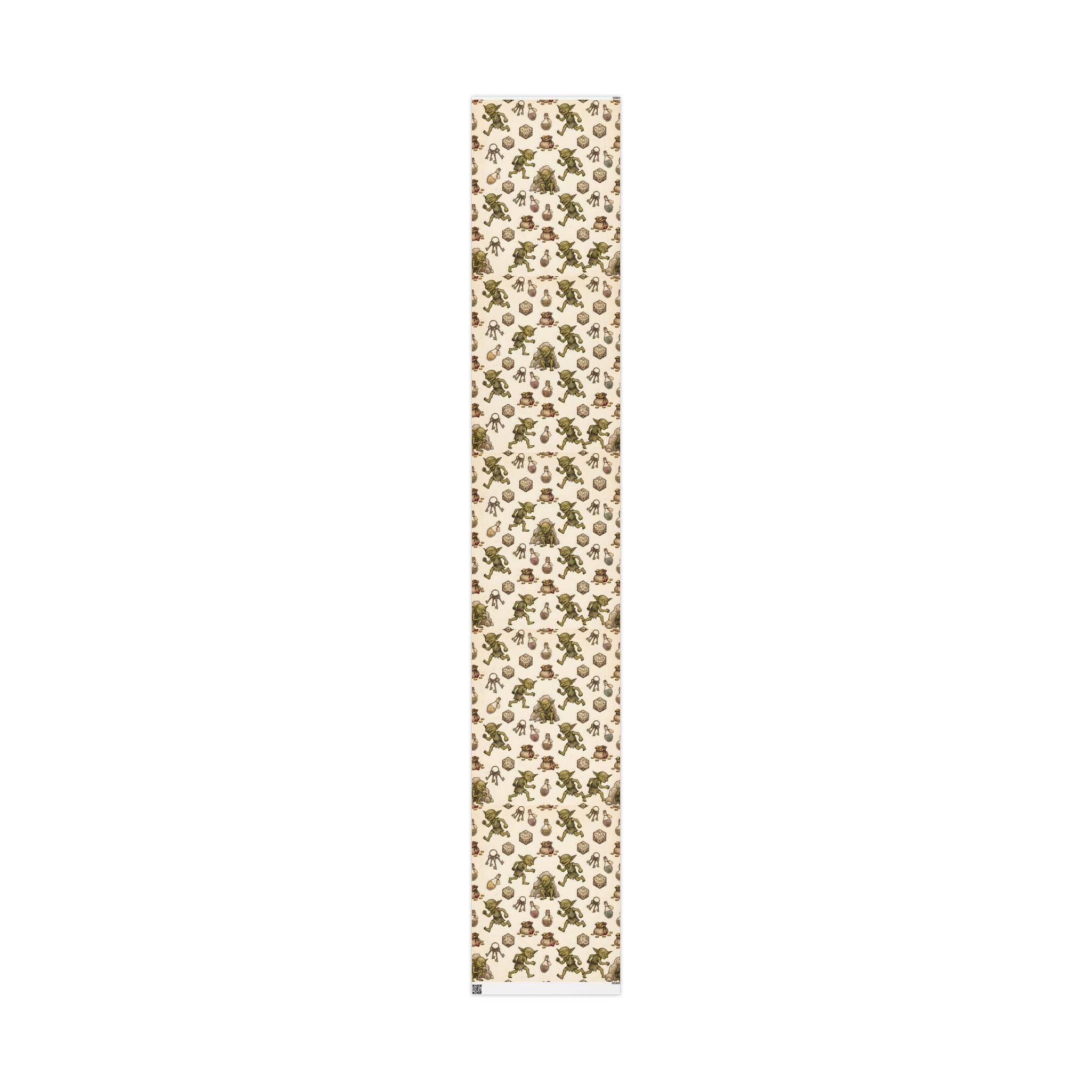 Delight your tabletop party with a seamless storybook pattern of mischievous loot-stealing goblins making off with polyhedral dice and shiny treasure, printed on wrapping paper, front view