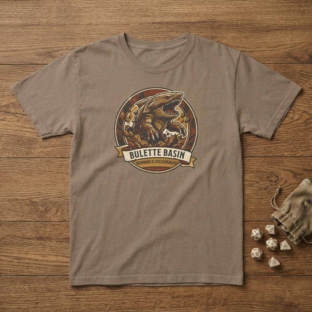 Vintage national park souvenir graphic tee featuring tabletop gaming's armored landshark burrower, paired with deadpan trail advice warning adventurers that running only draws its tremorsense, shown laid flat among dice