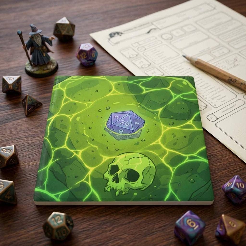 A square high-gloss drink coaster designed to look like a direct top-down view into a translucent acidic gelatinous cube trapping sunken dice and adventurer bones, serving as a witty spill hazard for campaign nights, shown on the
