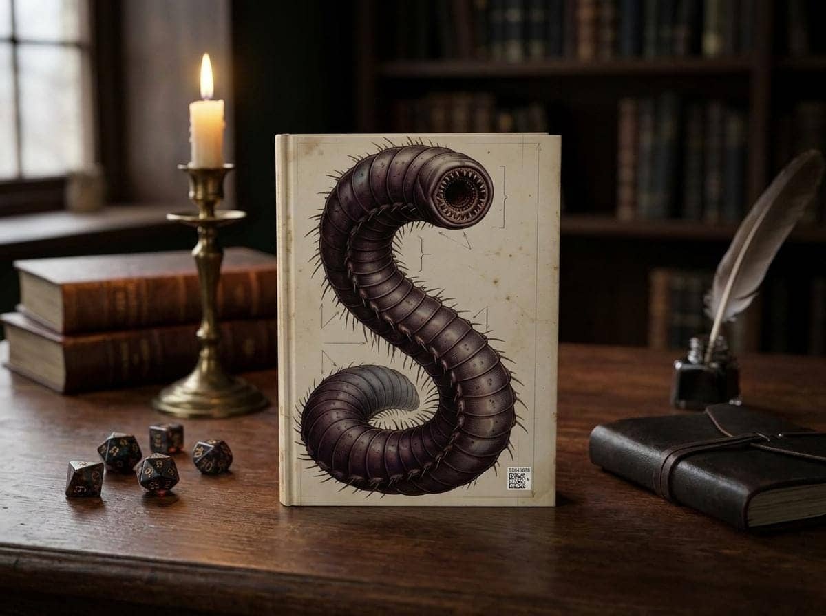 An in-world Underdark naturalist journal cover depicting an authentic specimen study of the gargantuan Purple Worm, shown on a desk beside a quill and ink