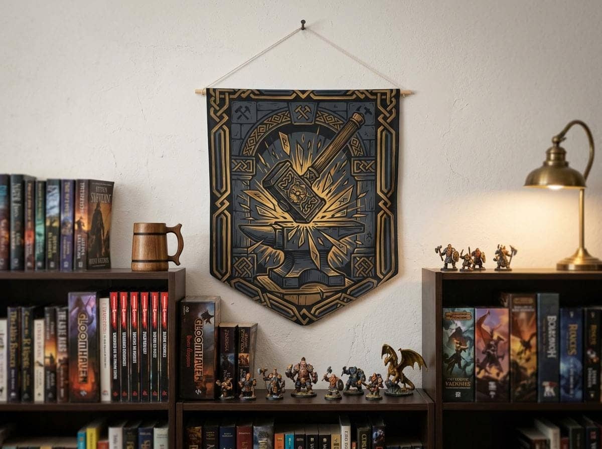 Heraldic felt wall hanging featuring an ancient dwarven clan forge emblem, printed on a pennant, shown on the wall above a bookshelf