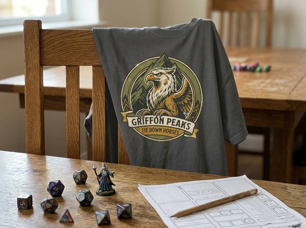 Vintage national park parody tee featuring a noble mountain griffon alongside a deadpan ranger warning for traveling adventurers to keep their prized mounts secured, shown draped over a chair