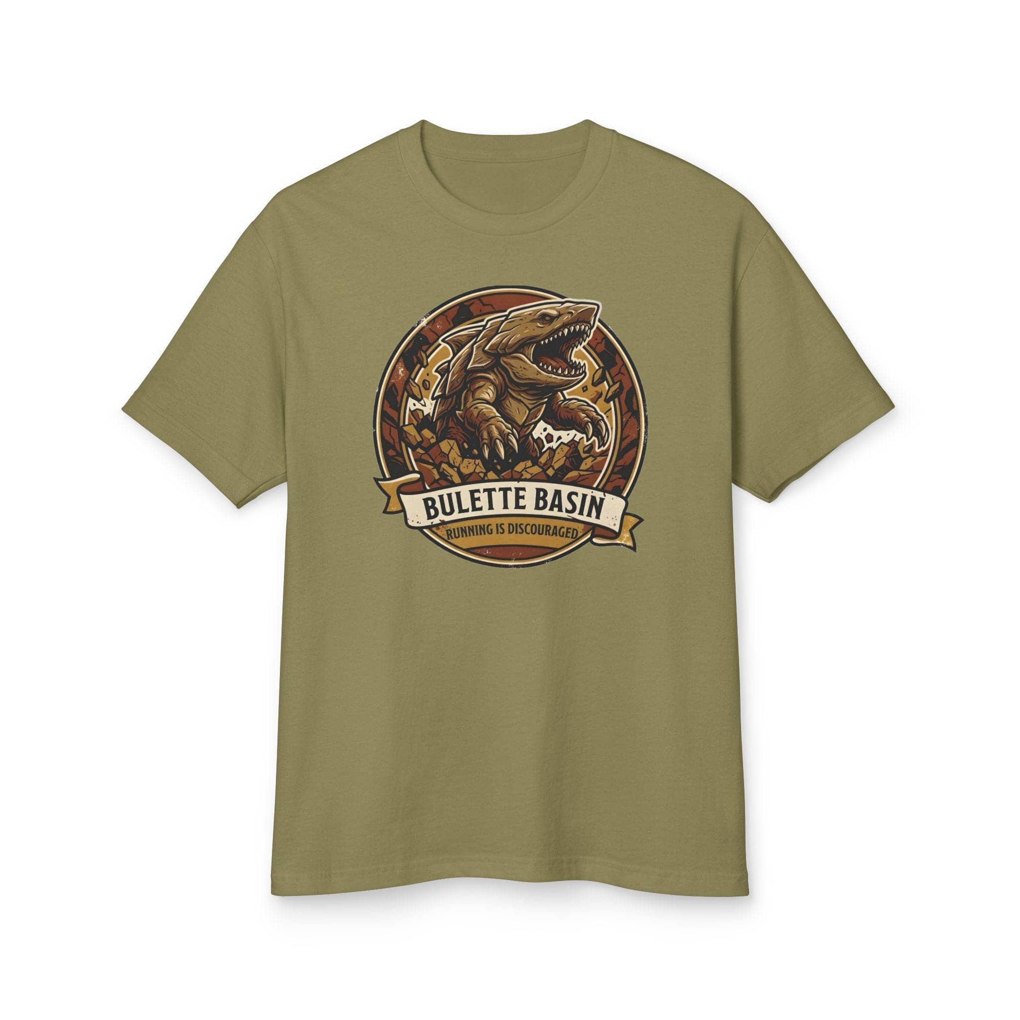 Vintage national park souvenir graphic tee featuring tabletop gaming's armored landshark burrower, paired with deadpan trail advice warning adventurers that running only draws its tremorsense, front view