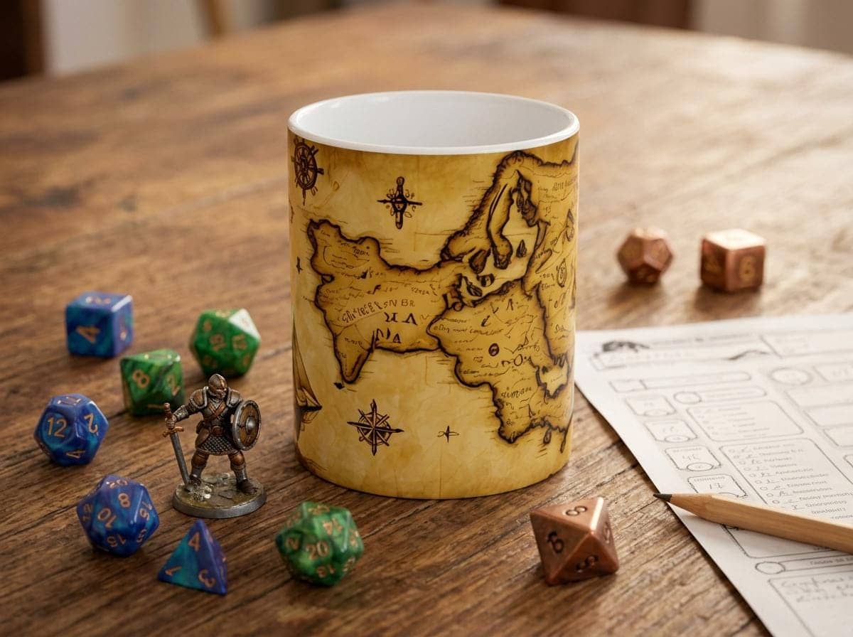 Unleash your inner adventurer with this detailed treasure map mug, shown on the game table among dice and character sheets