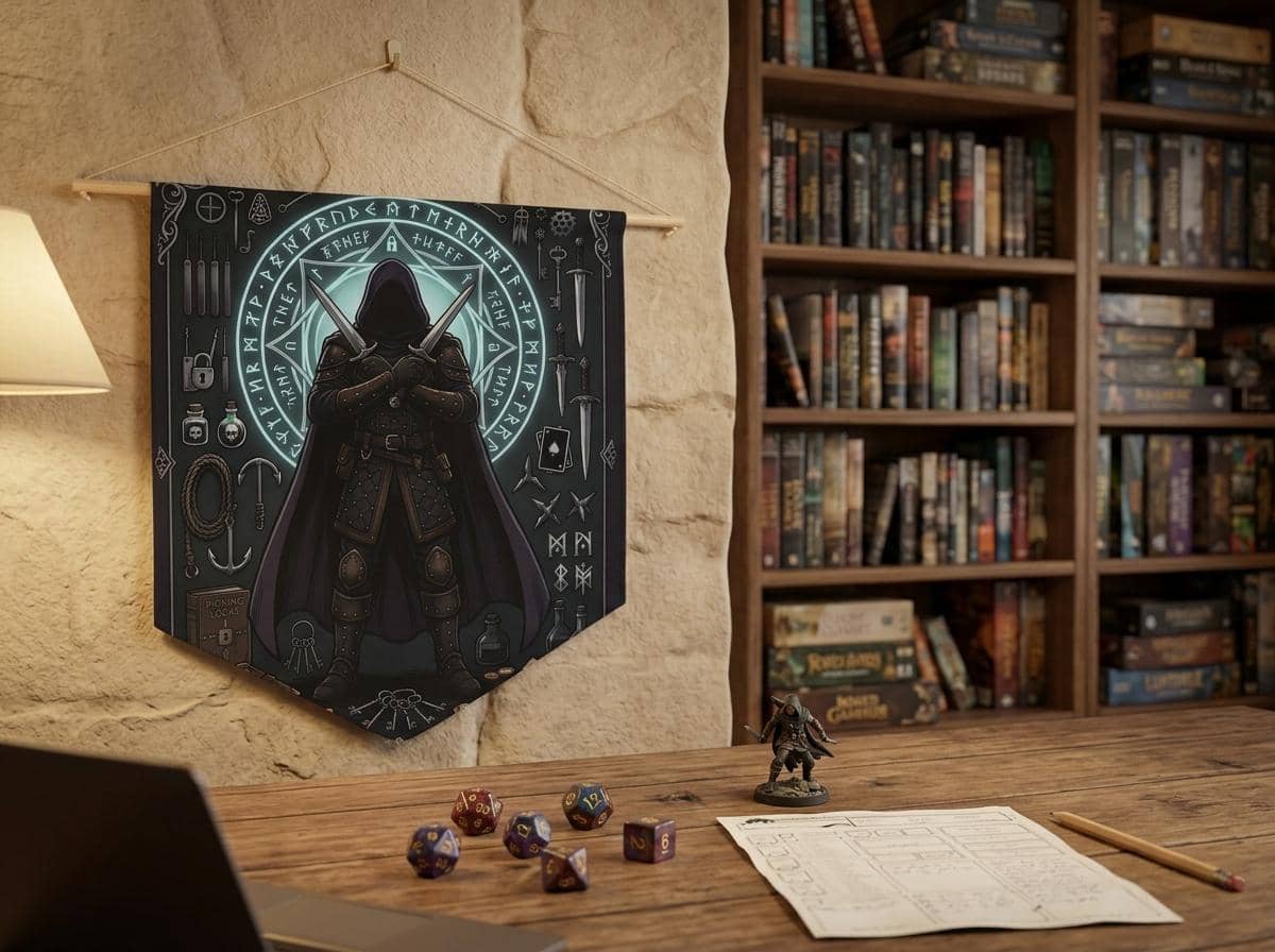 Cunning male human rogue illustration framed by shadowy arcane runes, twin daggers, and thieves' tools on a premium pennant, shown on a game room wall