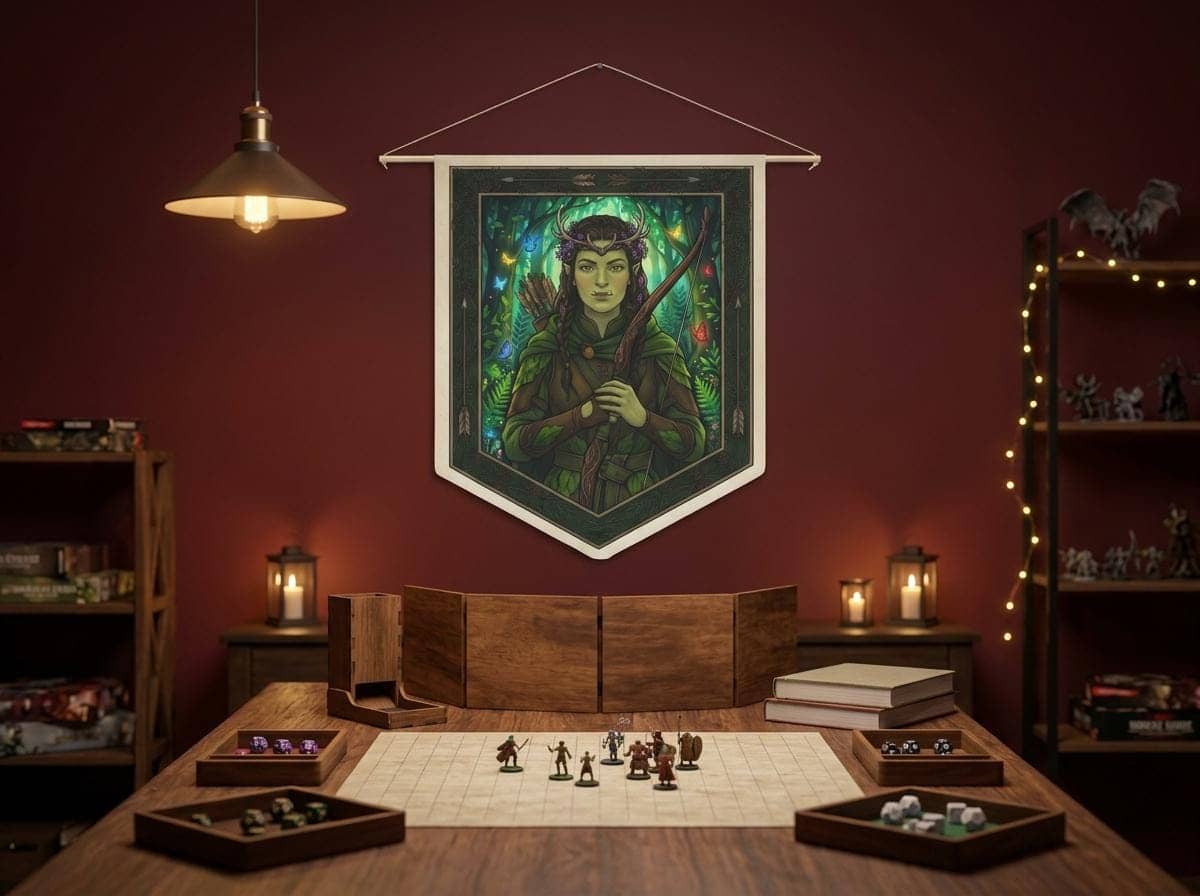 Subverts brutal half-orc tropes with enchanting Feywild cottagecore charm, printed on a pennant, shown on a game room wall