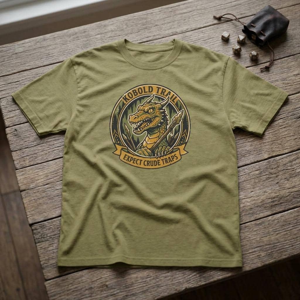 Deadpan national park style graphic tee warning tabletop adventurers to watch their step for crude traps along the kobold trail, shown laid flat among dice