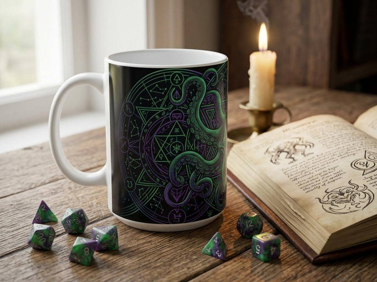 An atmospheric ceramic gaming mug emblazoned with an eldritch Great Old One patron crest, targeted at warlock players and dungeon masters fueling late-night campaign sessions, shown on a desk beside an open rulebook