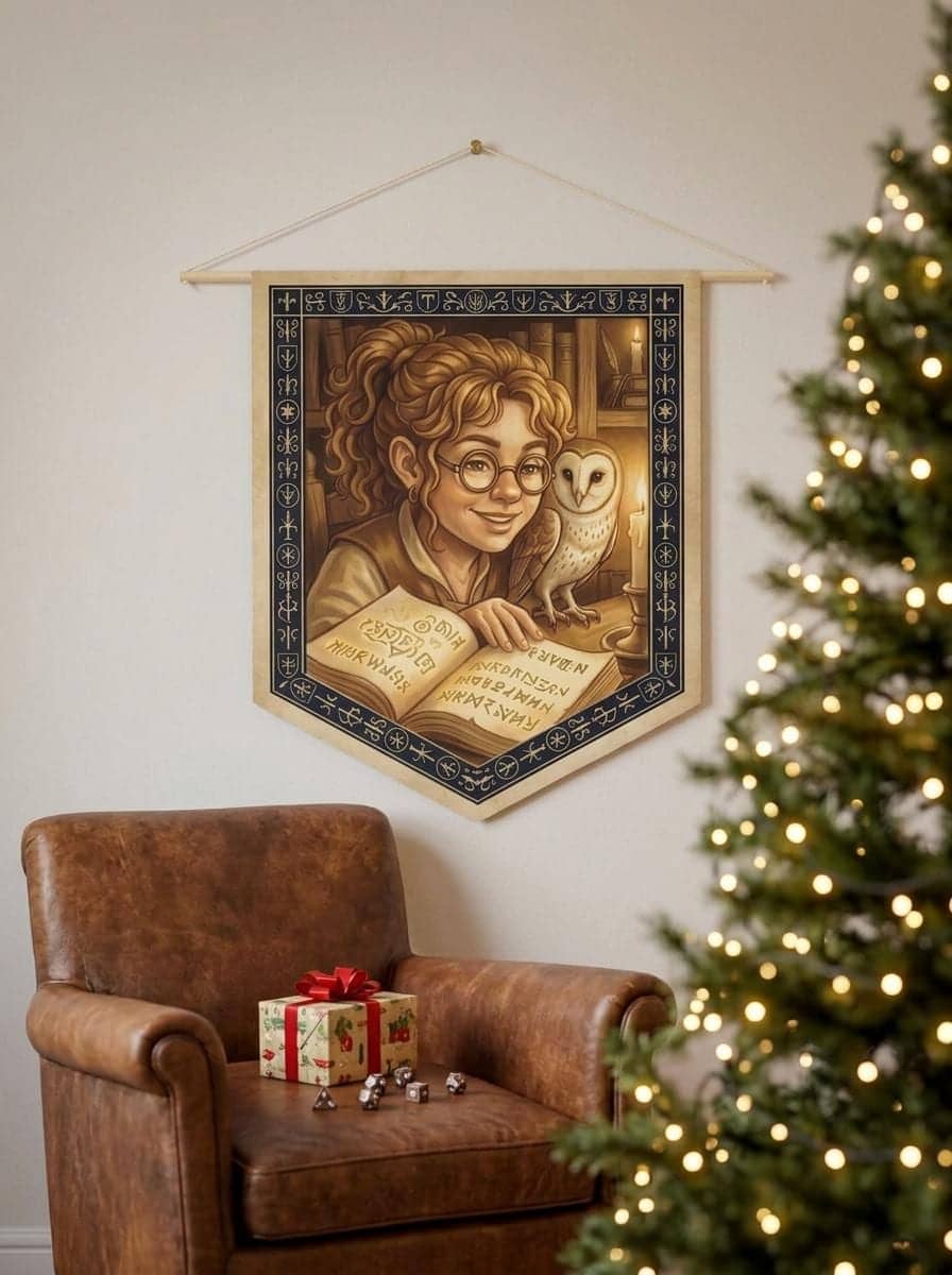 A cozy canvas pennant celebrating the bond between a halfling wizard and her feathered familiar, shown as a gift
