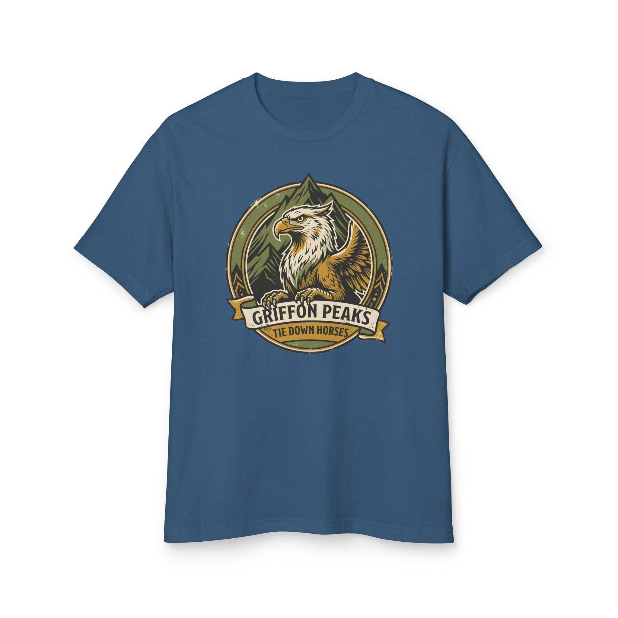 Vintage national park parody tee featuring a noble mountain griffon alongside a deadpan ranger warning for traveling adventurers to keep their prized mounts secured, front view