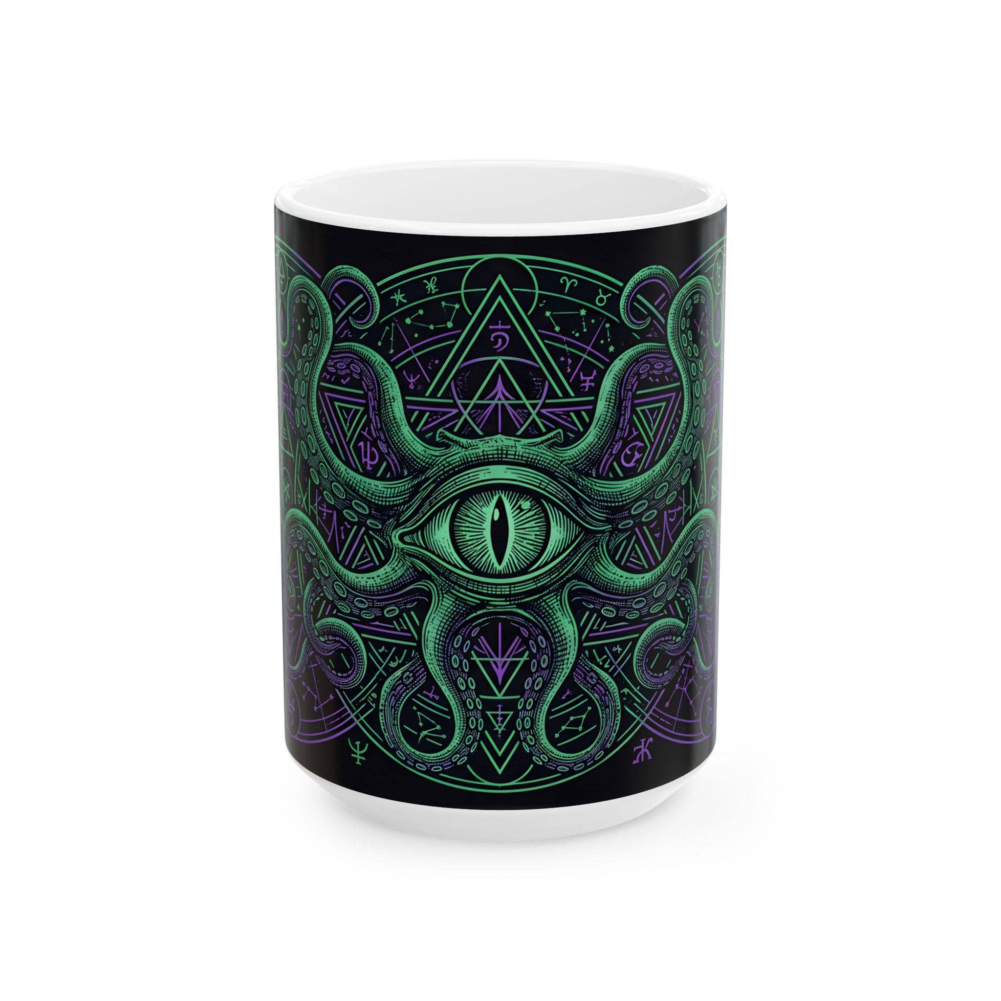 An atmospheric ceramic gaming mug emblazoned with an eldritch Great Old One patron crest, targeted at warlock players and dungeon masters fueling late-night campaign sessions