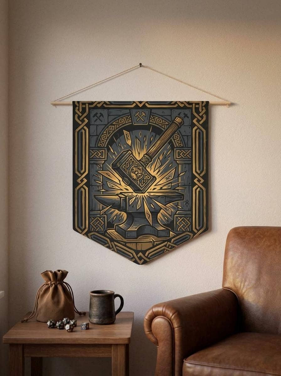 Heraldic felt wall hanging featuring an ancient dwarven clan forge emblem, printed on a pennant, shown in a cosy den corner