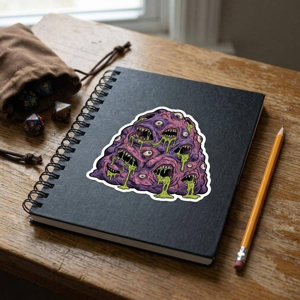 A grotesque aberrant monster sticker engineered for Dungeon Masters and eldritch horror enthusiasts personalizing laptops and hydro flasks, shown on a notebook