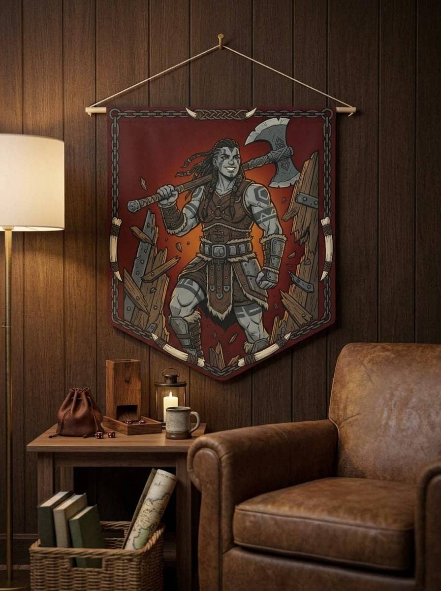 Bold, humorous game room wall pennant celebrating the iconic brute-force moment when the barbarian kicks the dungeon door off its hinges instead of picking the lock, shown in a cosy den corner