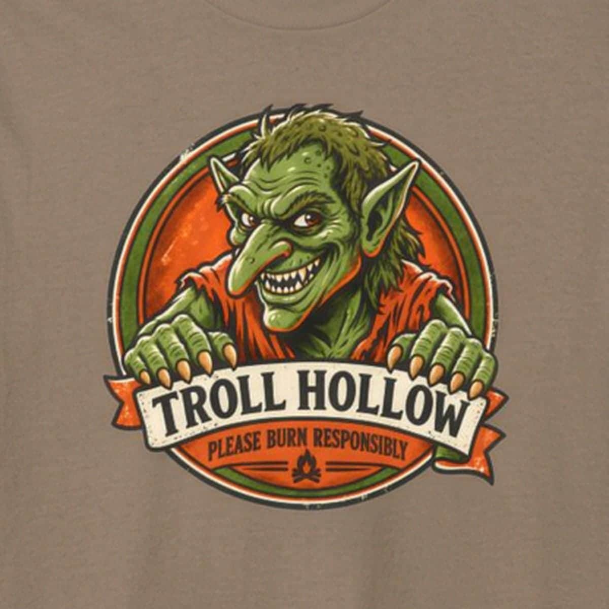 Vintage national park parody tee featuring a gangly swamp troll alongside a deadpan 'Please Burn Responsibly' fire warning for tabletop adventurers exploring monster-infested wetlands, the printed design seen close up - close-up photo