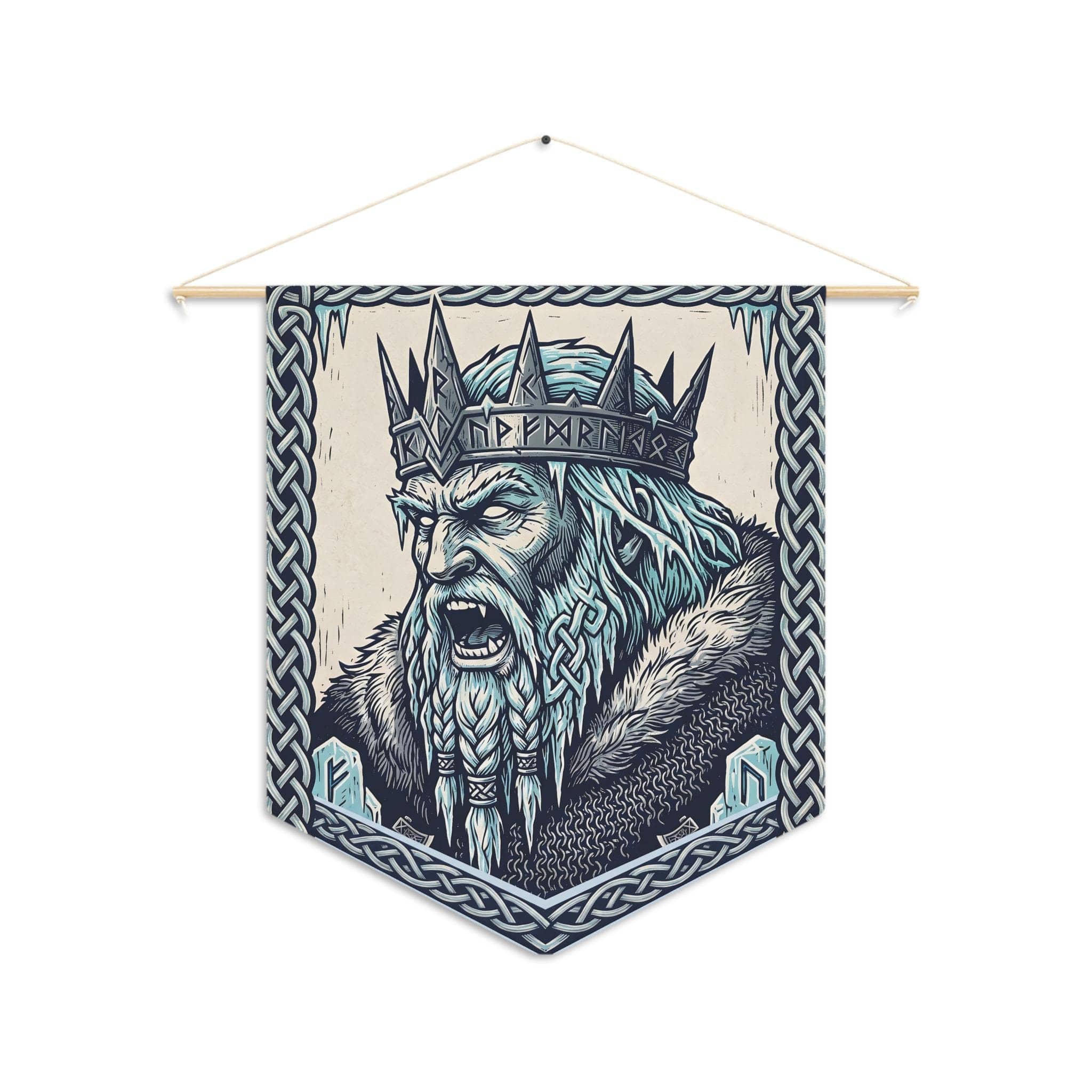 An authentic medieval heraldic banner featuring a fierce Frost Giant Jarl, front view