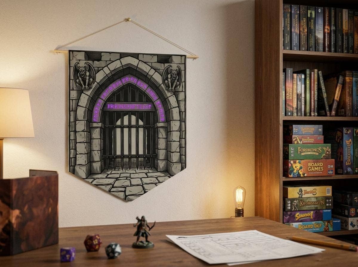 Hanging canvas pennant styled as an ancient dungeon threshold, turning any game room or basement door into an immersive portal for weekly campaign nights, shown on a game room wall