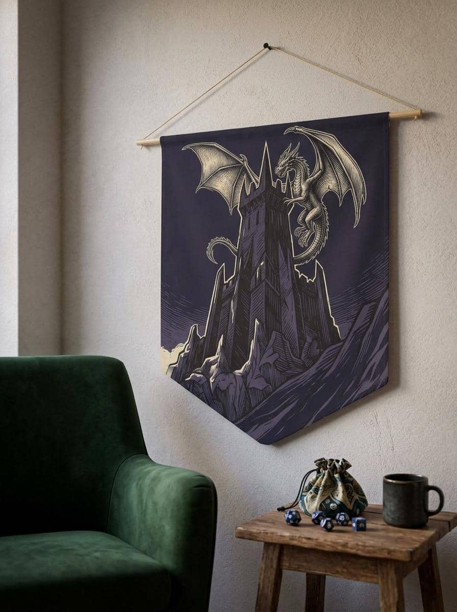 Triangular gothic wall banner featuring a towering obsidian fortress framed by celestial heraldry, shown in a cosy den corner