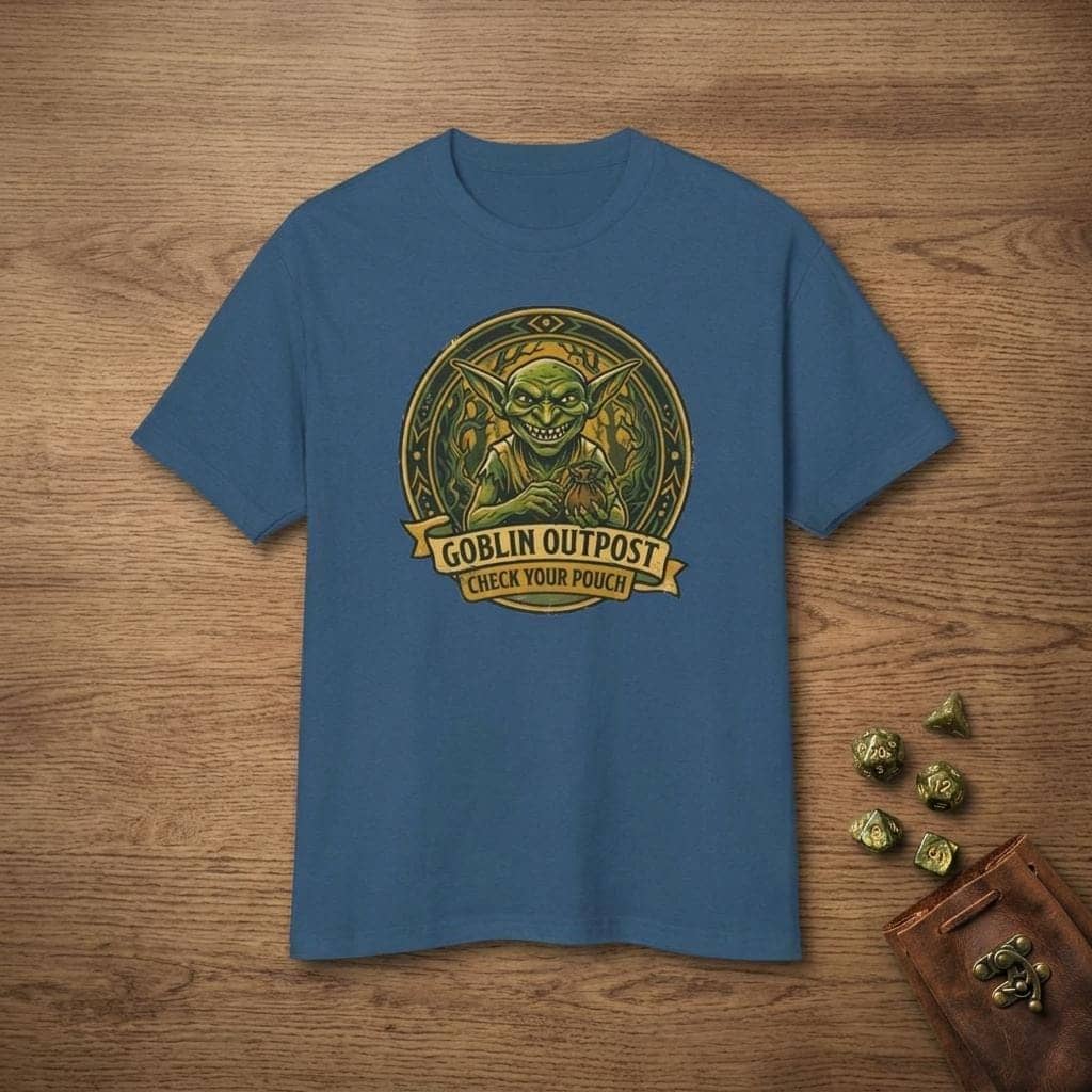 Deadpan national park style graphic tee warning tabletop adventurers to guard their coin pouches from grinning goblin scavengers, shown laid flat among dice