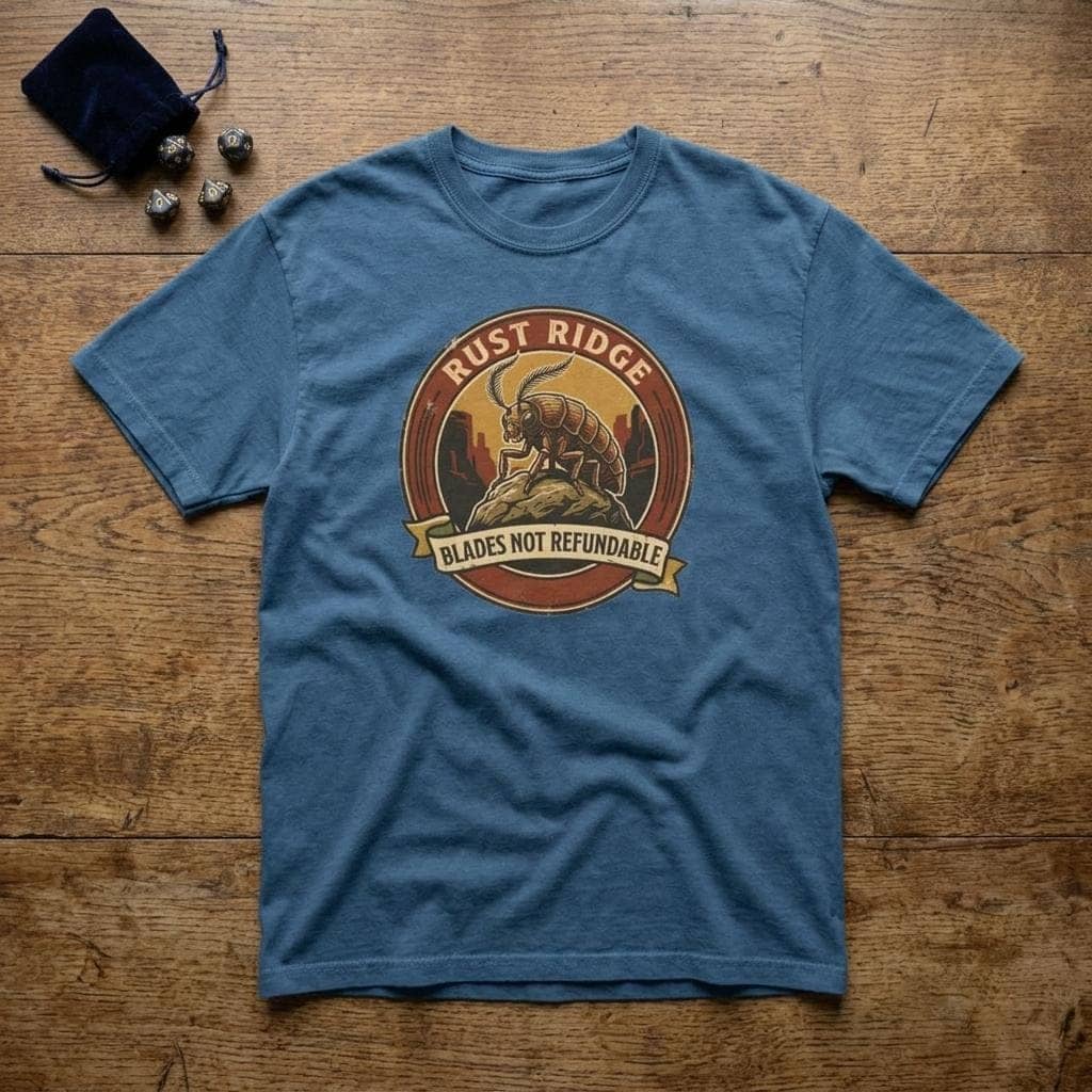 Vintage national park souvenir graphic tee featuring tabletop gaming's notorious metal-eating armored insectoid paired with a deadpan park ranger weapon warning for dungeon crawlers and roleplaying gamers, shown laid flat among dice