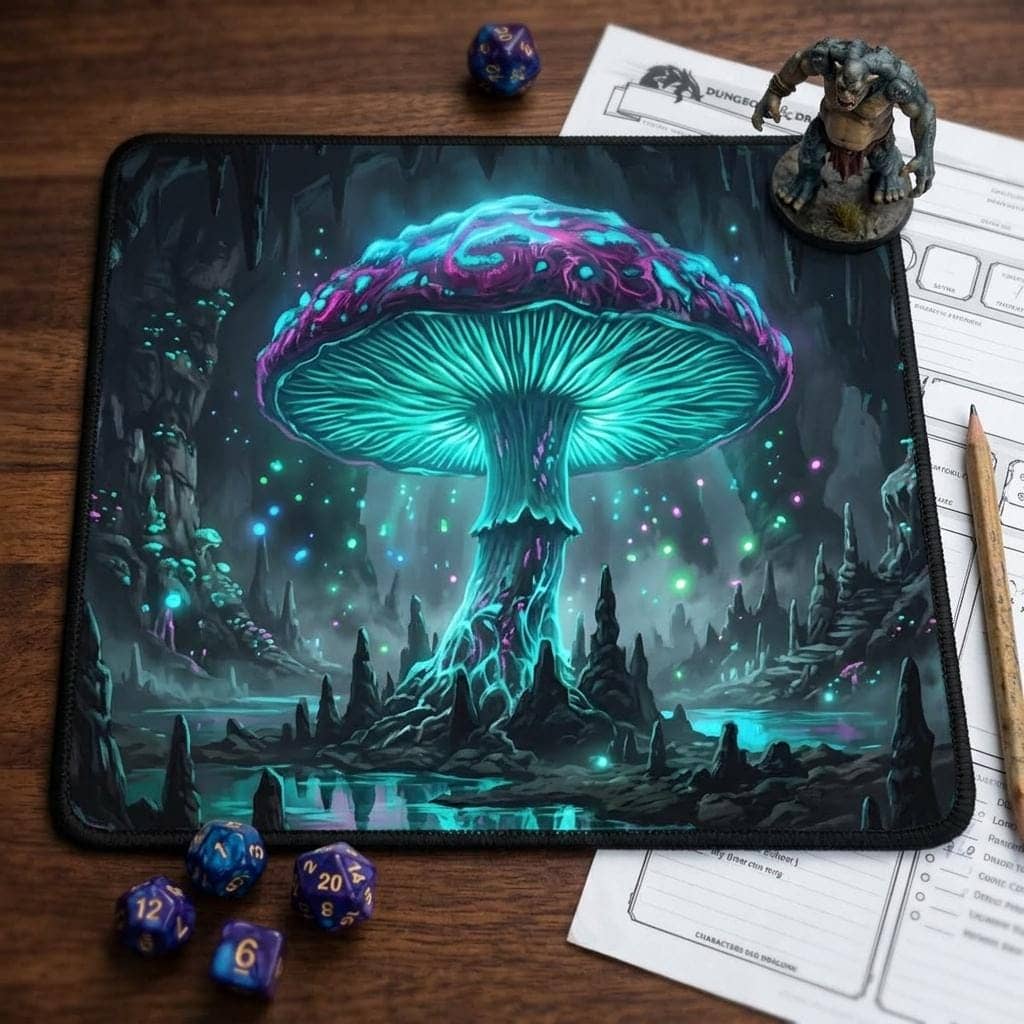 An extra-large gaming desk mat featuring an immersive Underdark glowing mushroom cavern, transforming PC battlestations and tabletop sessions with dark fantasy ambient atmosphere, shown on the game table among dice and character
