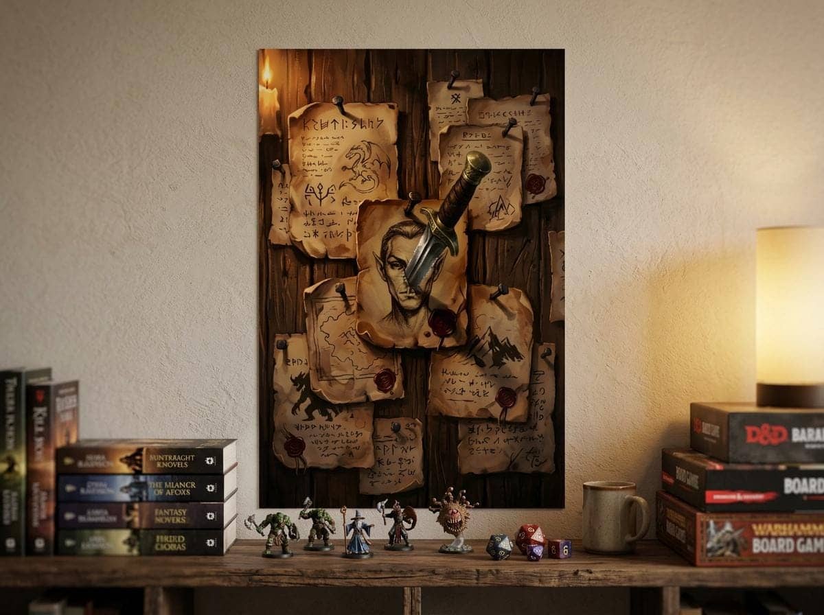 Transforms any room into a life-sized adventurer's tavern bulletin board pinned with scorched quest contracts, crimson wax seals, and an embedded iron dagger, printed on a poster, shown on the wall above a bookshelf