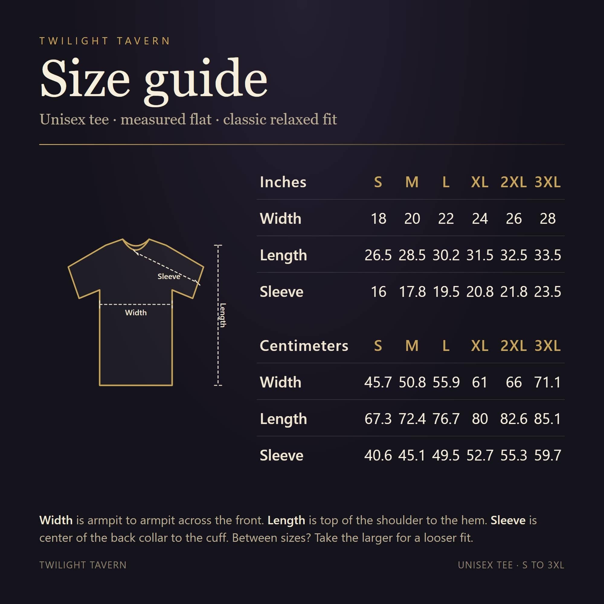 A deadpan tabletop in-joke graphic tee featuring a vintage national-park style emblem where a giant plummeting boulder crushes a d20 die, size guide with width, length and sleeve measurements for S to 3XL in inches and centimetres, shown on a size chart