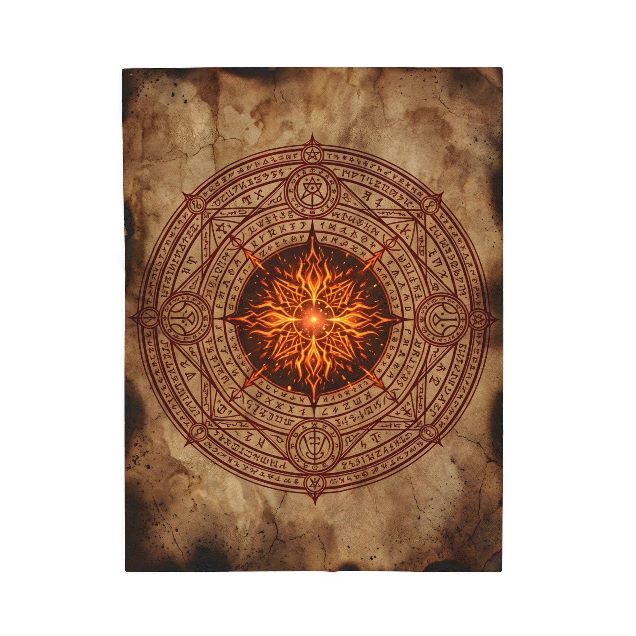 An oversized cozy fleece throw illustrated edge-to-edge as an ancient, singed arcane scroll casting 8d6 Fireball, front view