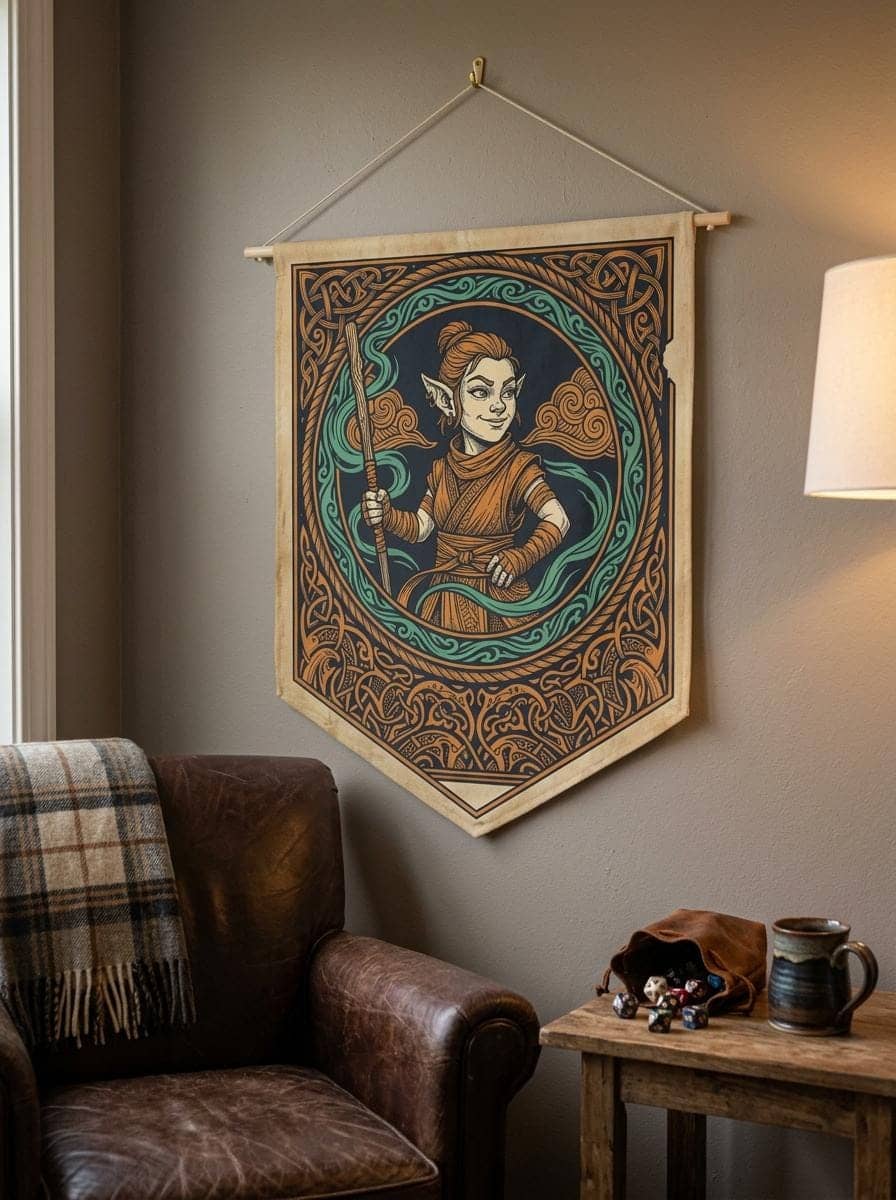 Vintage heraldic gnome monk pennant flag designed to elevate RPG campaign corners and gaming battle stations with authentic medieval heraldry and serene martial ki, shown in a cosy den corner